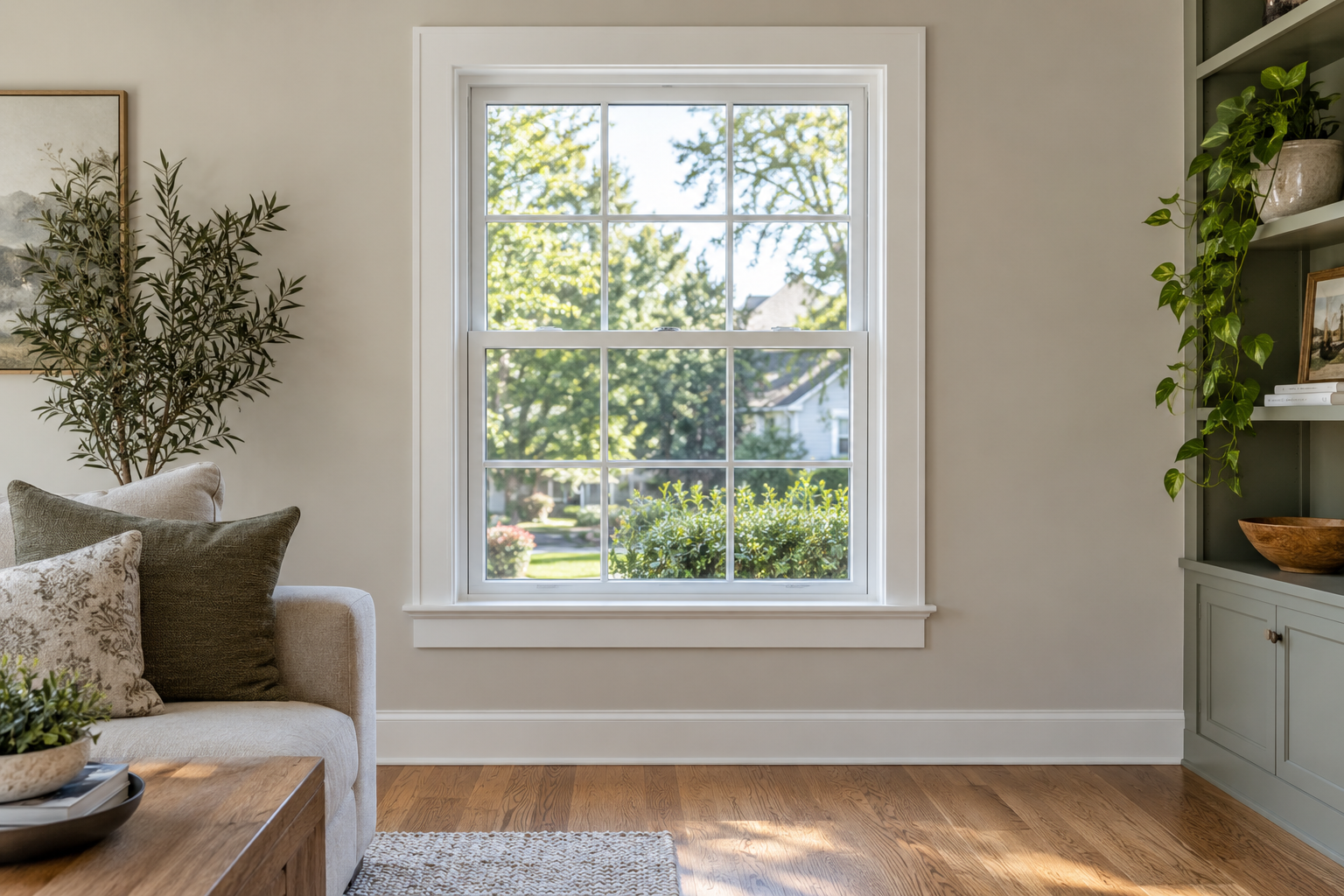 Newly installed white double-hung replacement window with flat casing and a stool-and-apron sill in a living room