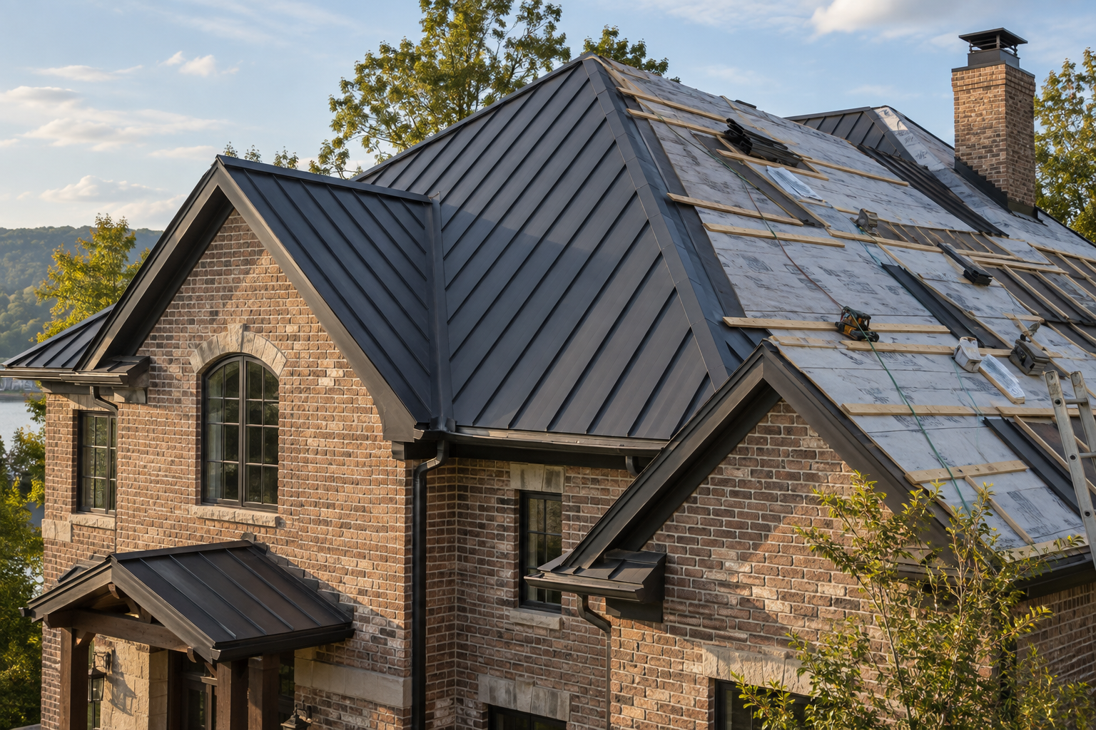 Metal roof replacement in progress on a brick home, with new standing-seam panels installed over underlayment and battens