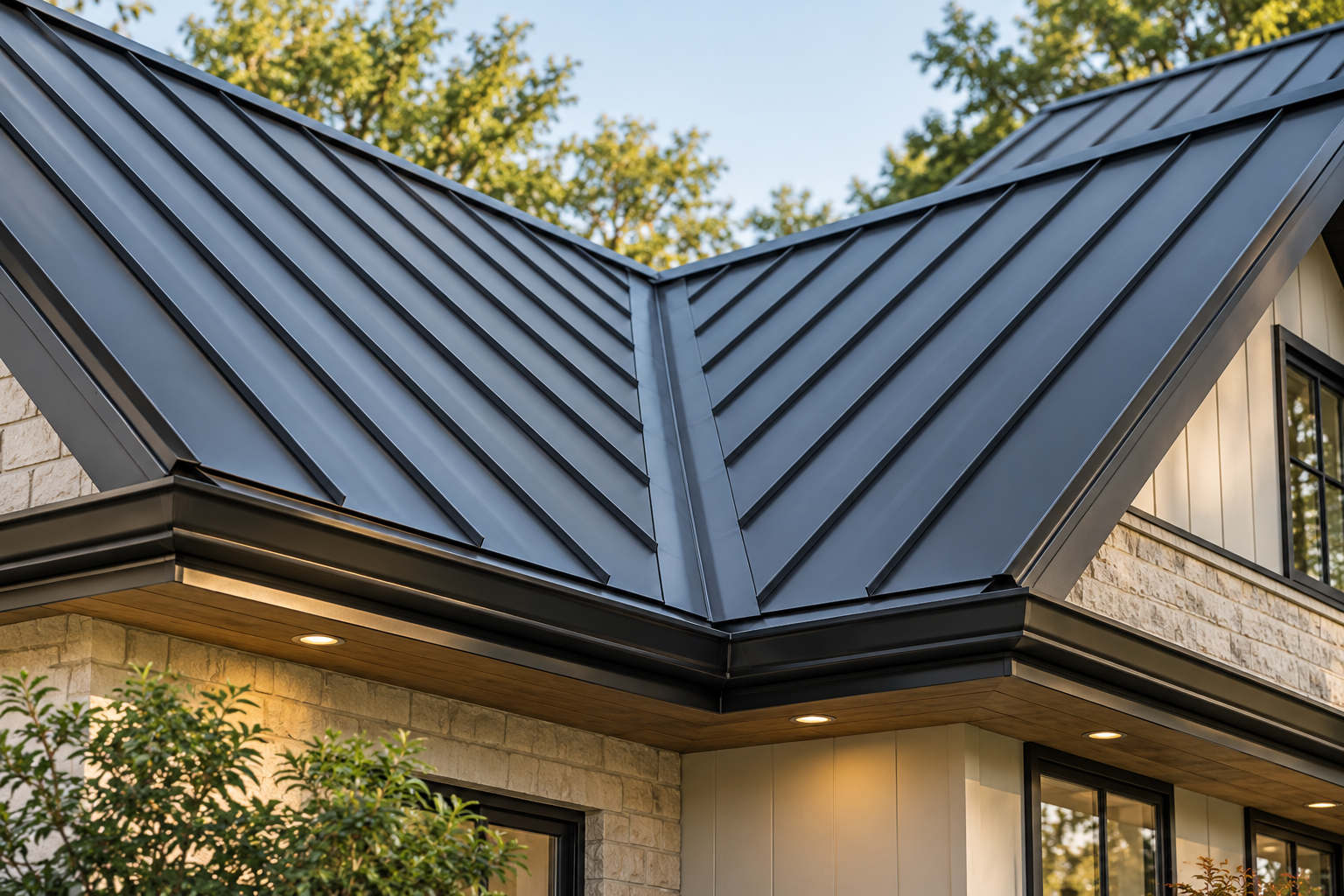 Standing-seam metal roof valley with a closed valley pan, continuous seams and a matching dark gutter over a stone and board-and-batten wall