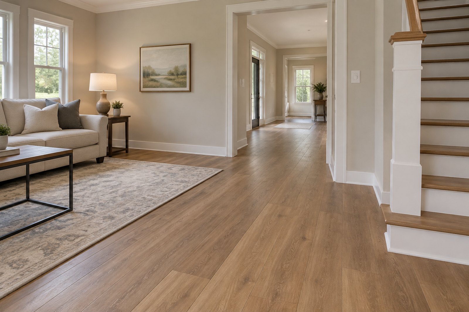 Living room and hallway with wide-plank flooring, clean doorway transitions and matching stair treads