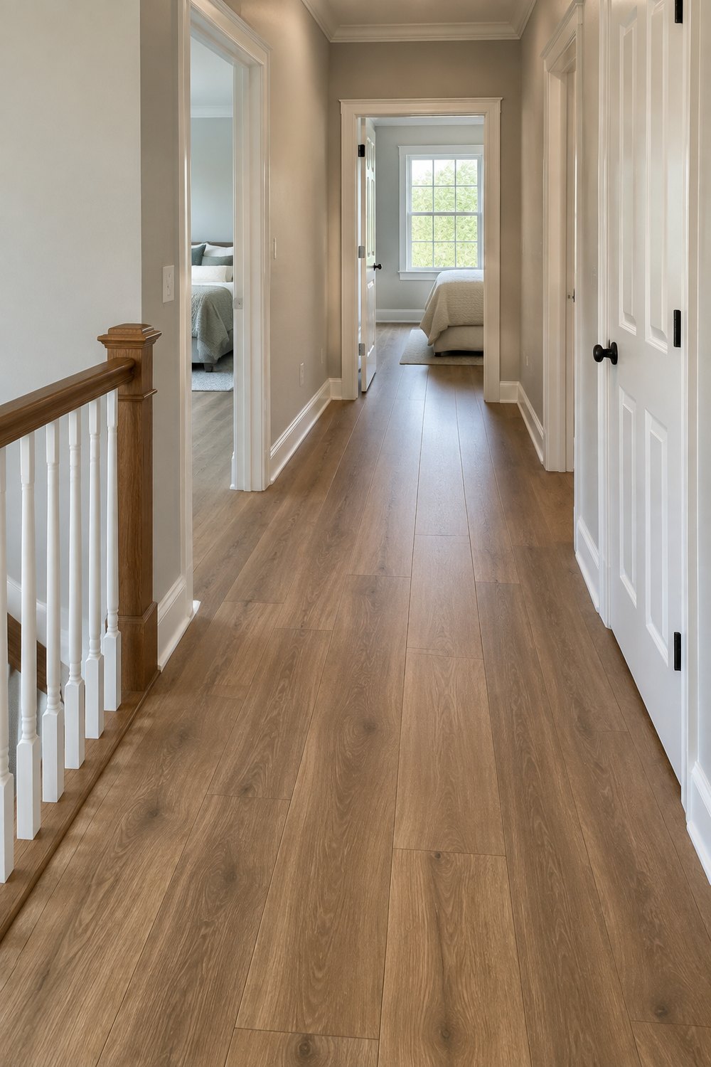 Upstairs hallway with new wide-plank flooring running straight through the bedroom doorways