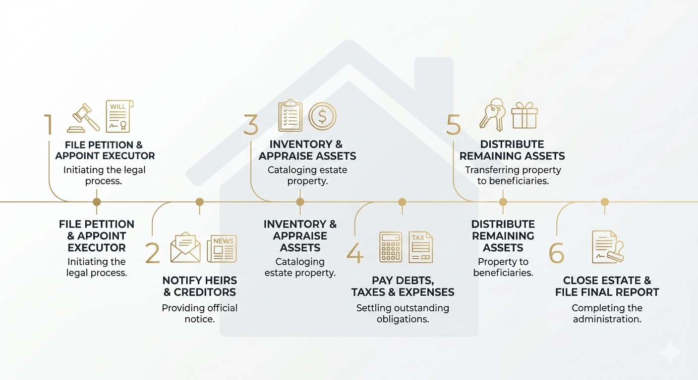 Probate timeline infographic showing steps from petition to closing the estate