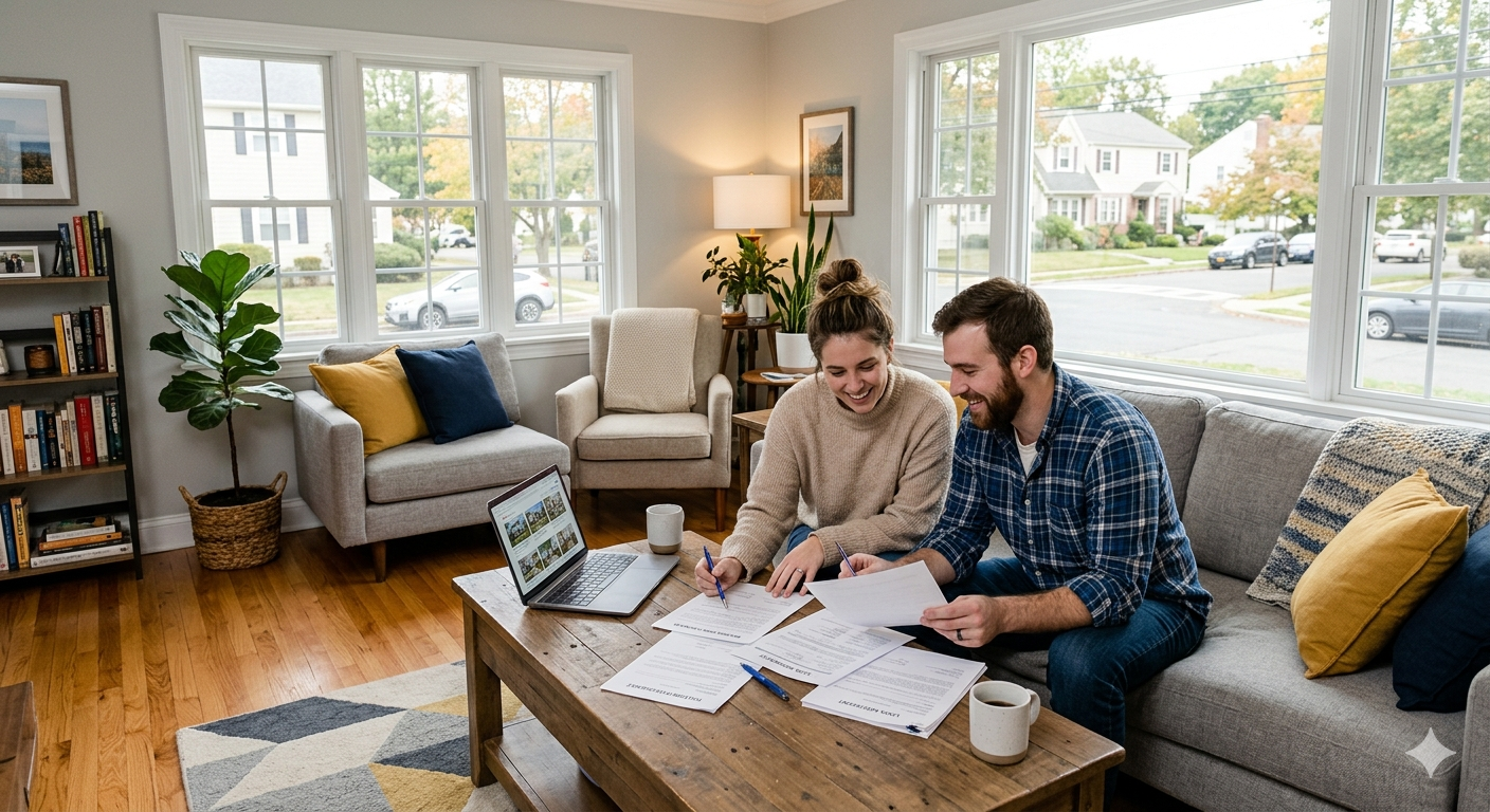 First-time home buyers reviewing paperwork inside a bright starter home in Haledon NJ while planning their home purchase in Passaic County