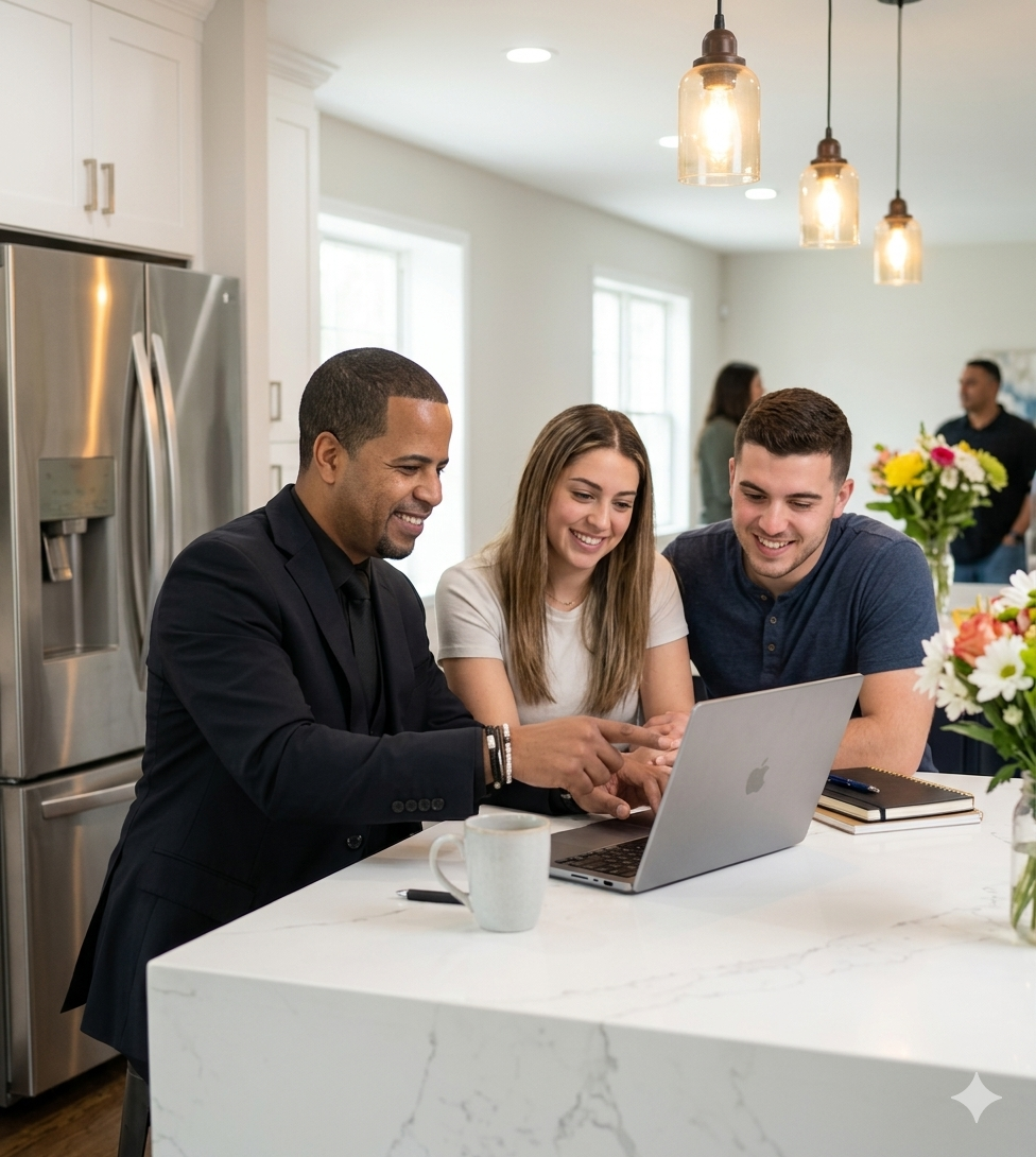 Real estate consultation with first-time home buyers in Haledon NJ reviewing home options with a local Passaic County real estate expert