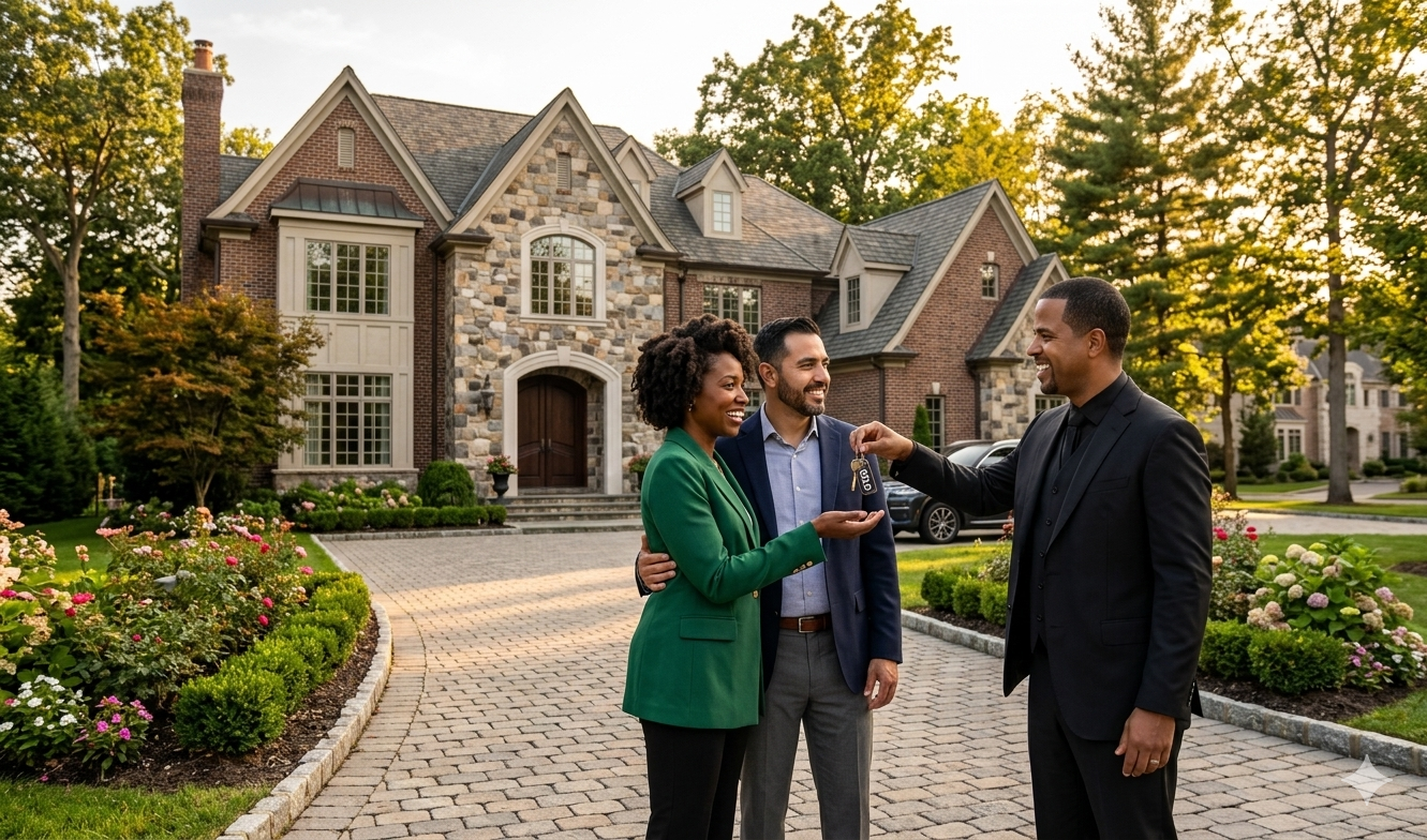 Happy homebuyers receiving keys outside a New Jersey home, representing first-time home buying success in Woodland Park NJ