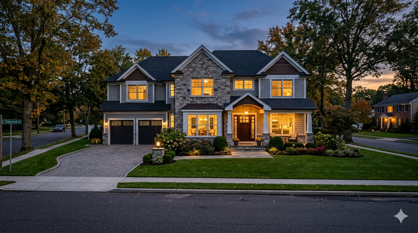 Modern suburban single-family home in Paramus NJ at twilight showing strong resale value and neighborhood appeal for first-time home buyers in Bergen County New Jersey