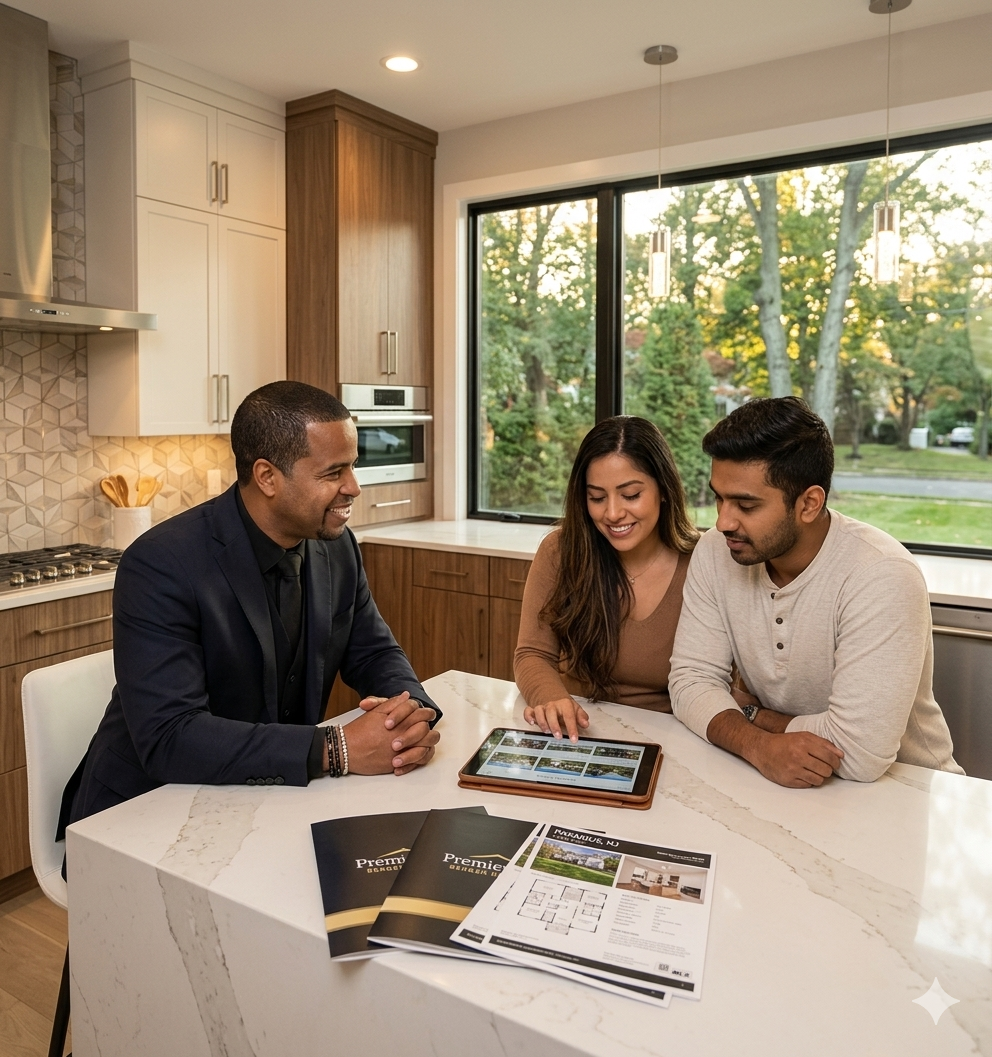 First-time home buyers meeting with real estate agent in Paramus NJ reviewing home listings during consultation inside modern Bergen County kitchen
