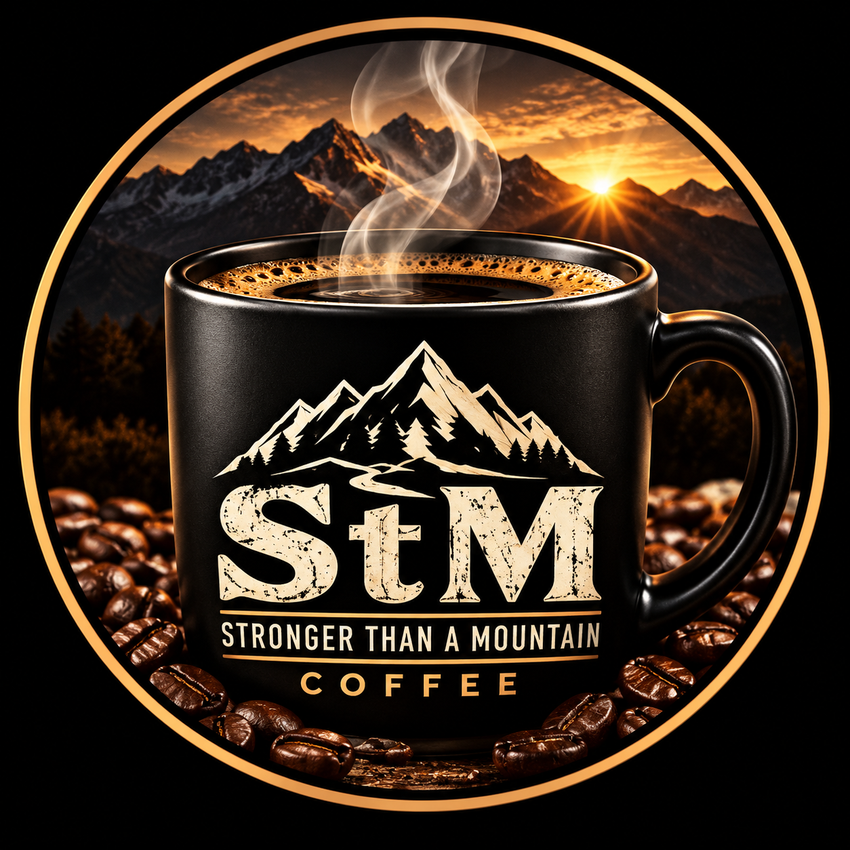 Stronger Than a Mountain Coffee logo: mountain sunrise above a steaming coffee mug