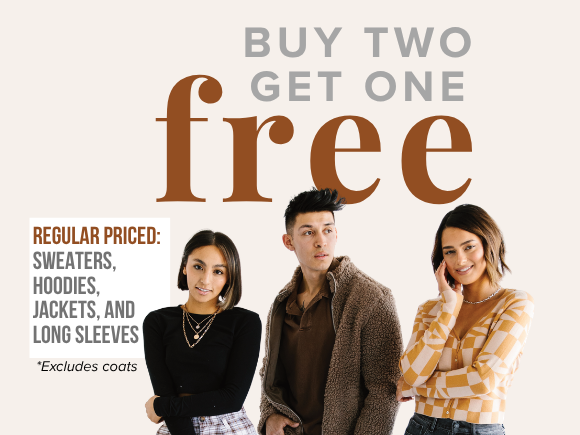 Stock up on fall layers at Uptown Cheapskate Logan! Buy two regular-price long-sleeve items and get the third FREE, plus shop clearance items at 70% off.