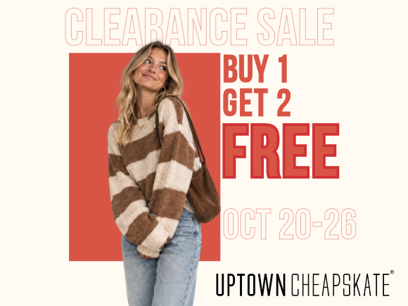 Buy 1 Get 2 Free clearance sale at Uptown Cheapskate Logan featuring hundreds of newly marked down hoodies, sweaters, jackets, jeans, and trendy secondhand clothing.