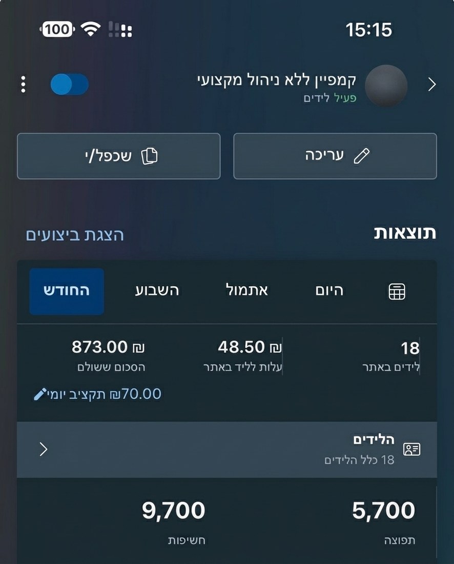צילום מסך מנהל המודעות לפני ניהול HighSale: 18 פניות בעלות ₪48.50 לפנייה