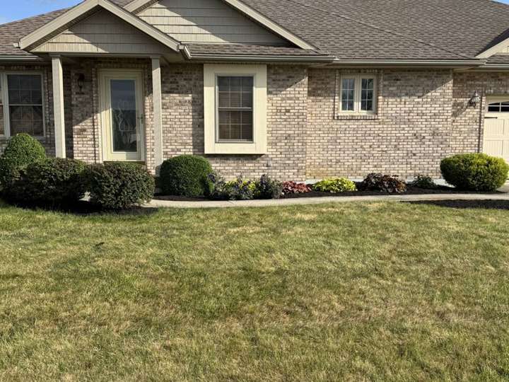 Healthy front lawn and trimmed shrubs in front of a brick home