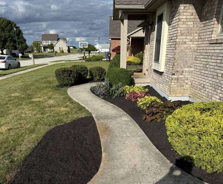 Curved walkway with fresh mulch beds on both sides