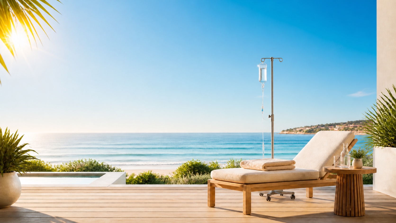 Private coastal wellness terrace prepared for a Sunshine Mobile Wellness IV visit
