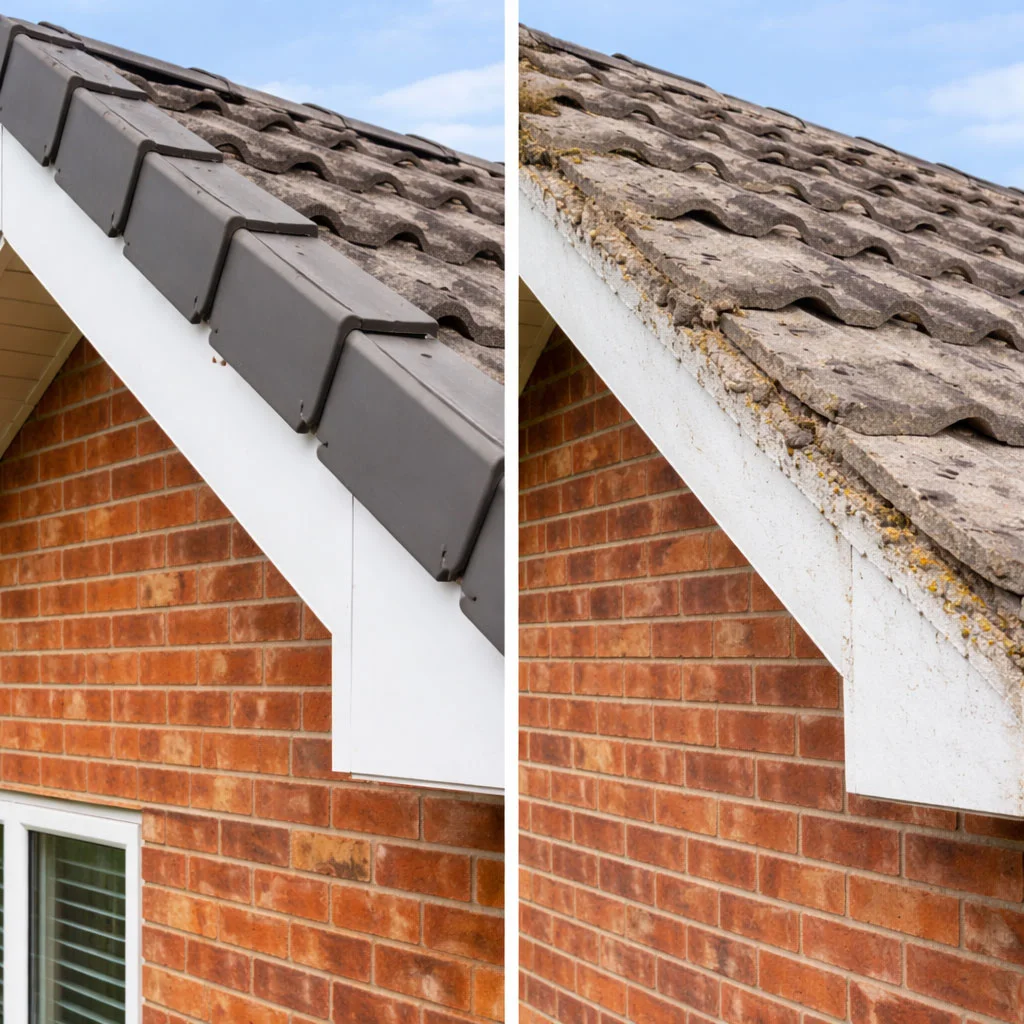 Old failing roof-edge mortar compared with a completed dry verge finish