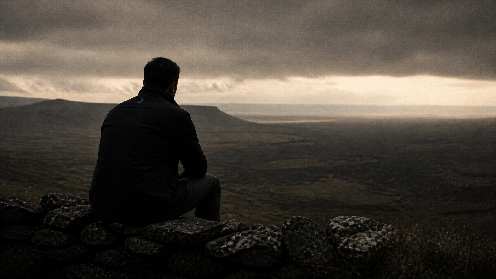 Young man standing at the edge of an open field, viewed from behind