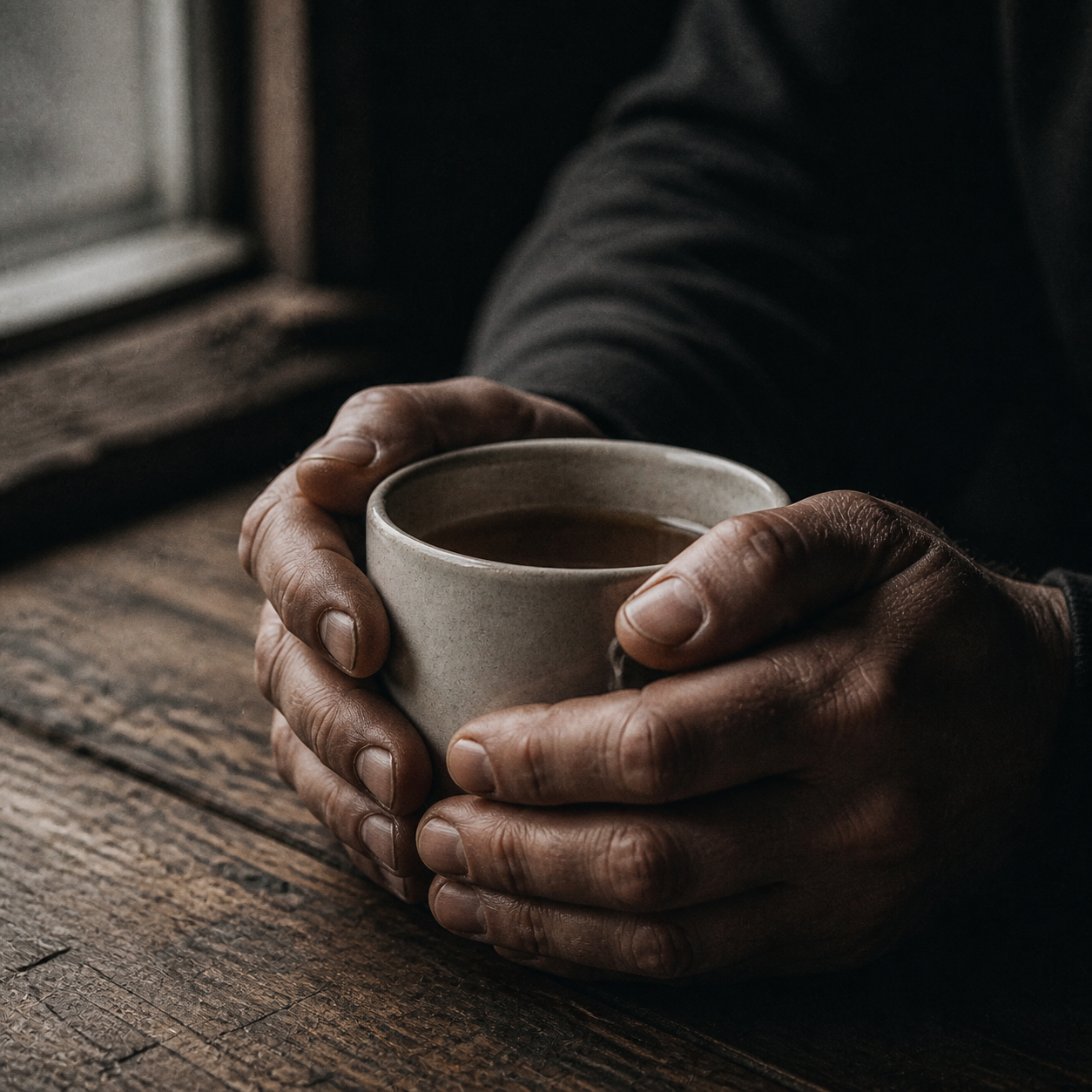 Weathered hands cupped around a plain ceramic mug on a wooden table in morning light