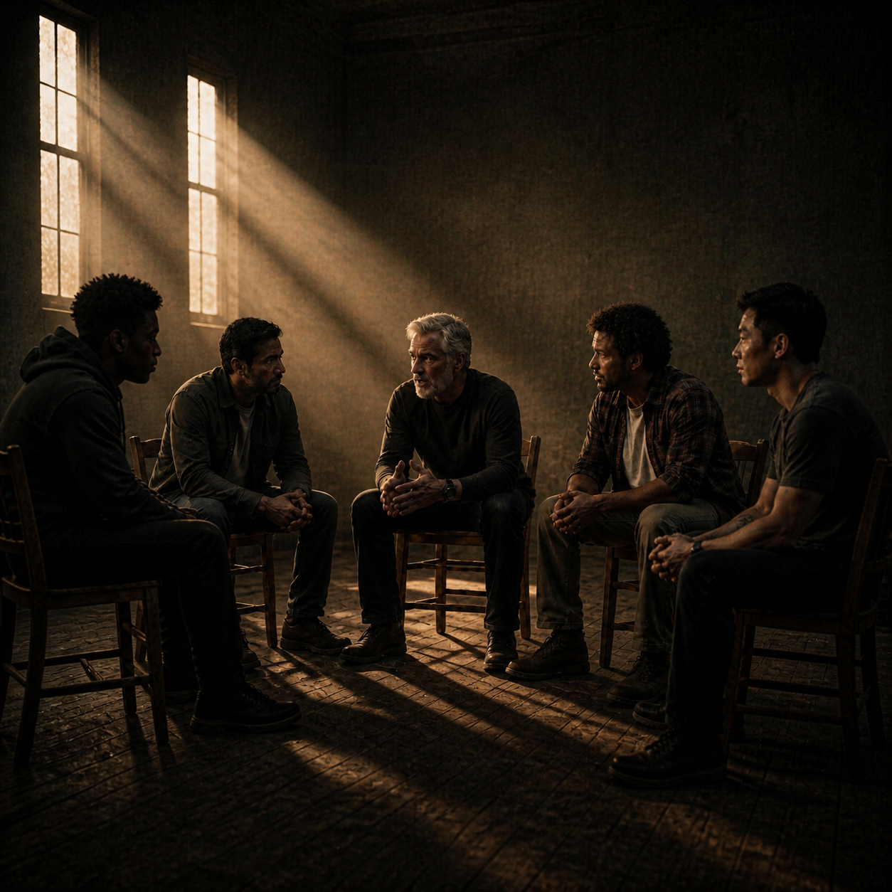 A diverse group of men of different ages and races seated in a circle, in genuine conversation