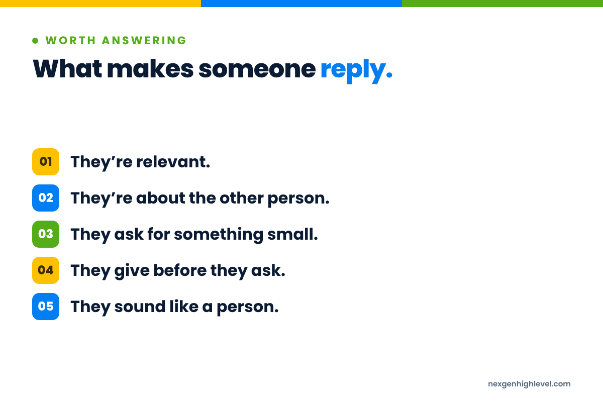 Diagram: What makes someone reply. 1. They’re relevant; 2. They’re about the other person; 3. They ask for something small; 4. They give before they ask; 5. They sound like a person.