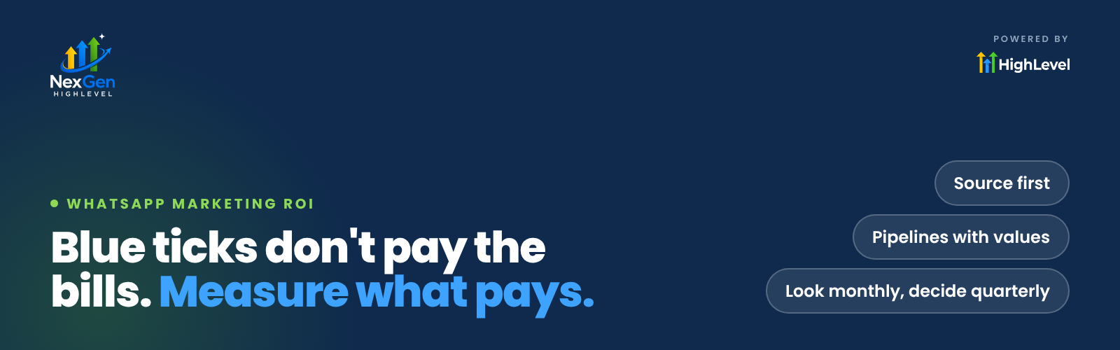 NexGenHighLevel banner reading "Blue ticks don't pay the bills. Measure what pays." with the key ideas Source first, Pipelines with values, Look monthly, decide quarterly.