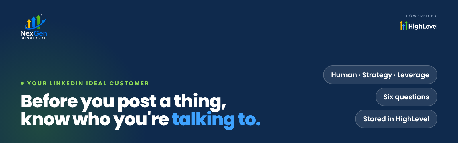 NexGenHighLevel banner reading "Before you post a thing, know who you're talking to." with the key ideas Human · Strategy · Leverage, Six questions, Stored in HighLevel.