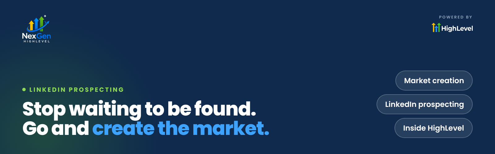 NexGenHighLevel banner reading "Stop waiting to be found. Go and create the market." with the key ideas Market creation, LinkedIn prospecting, Inside HighLevel.