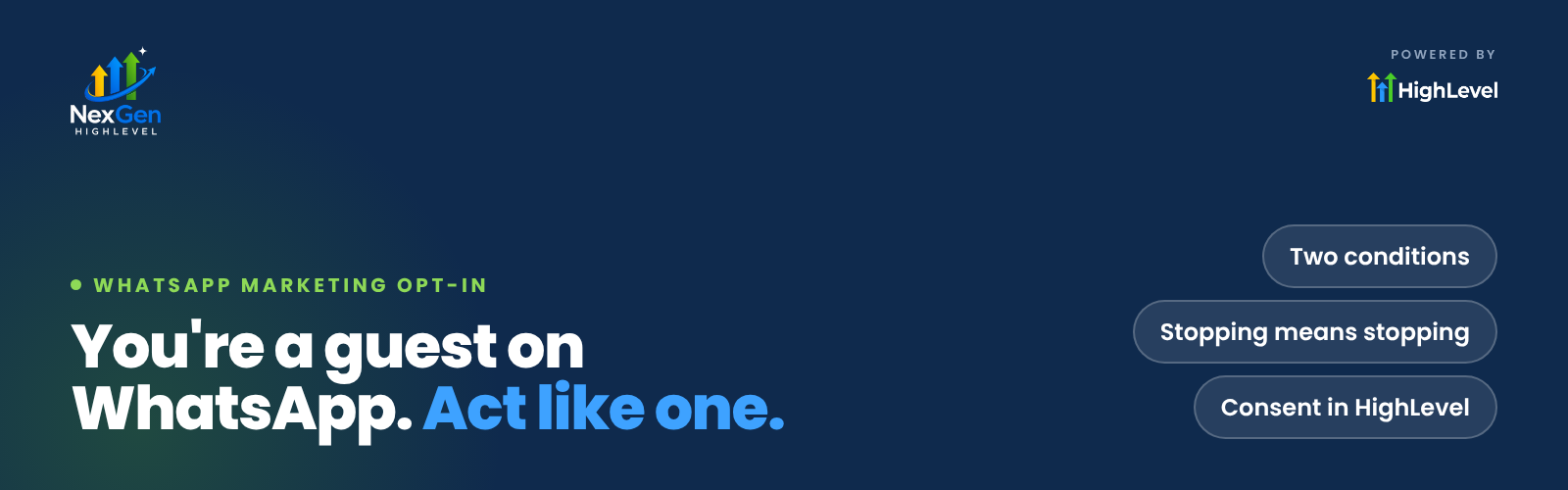 NexGenHighLevel banner reading "You're a guest on WhatsApp. Act like one." with the key ideas Two conditions, Stopping means stopping, Consent in HighLevel.