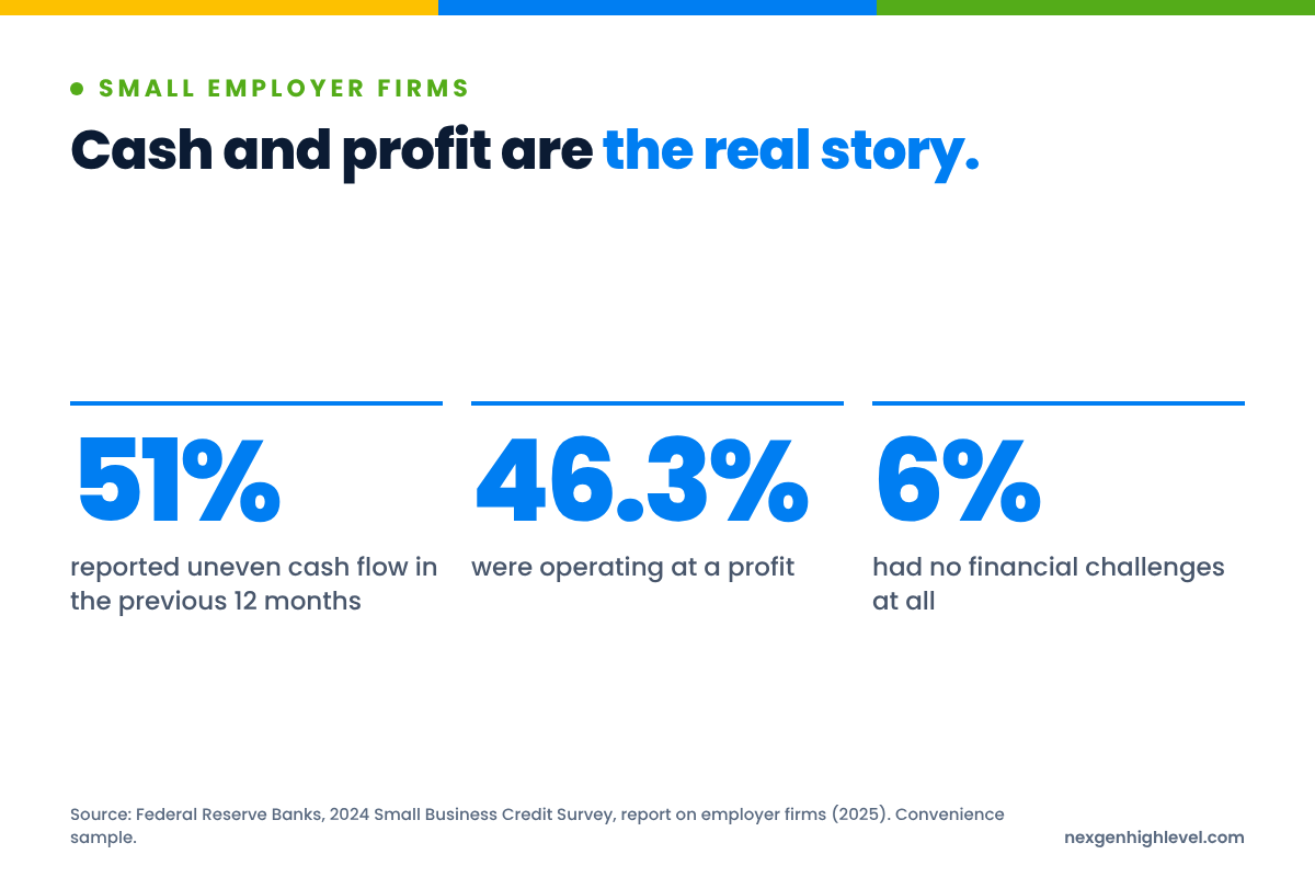 Diagram: Cash and profit are the real story. 51% reported uneven cash flow in the previous 12 months; 46.3% were operating at a profit; 6% had no financial challenges at all.