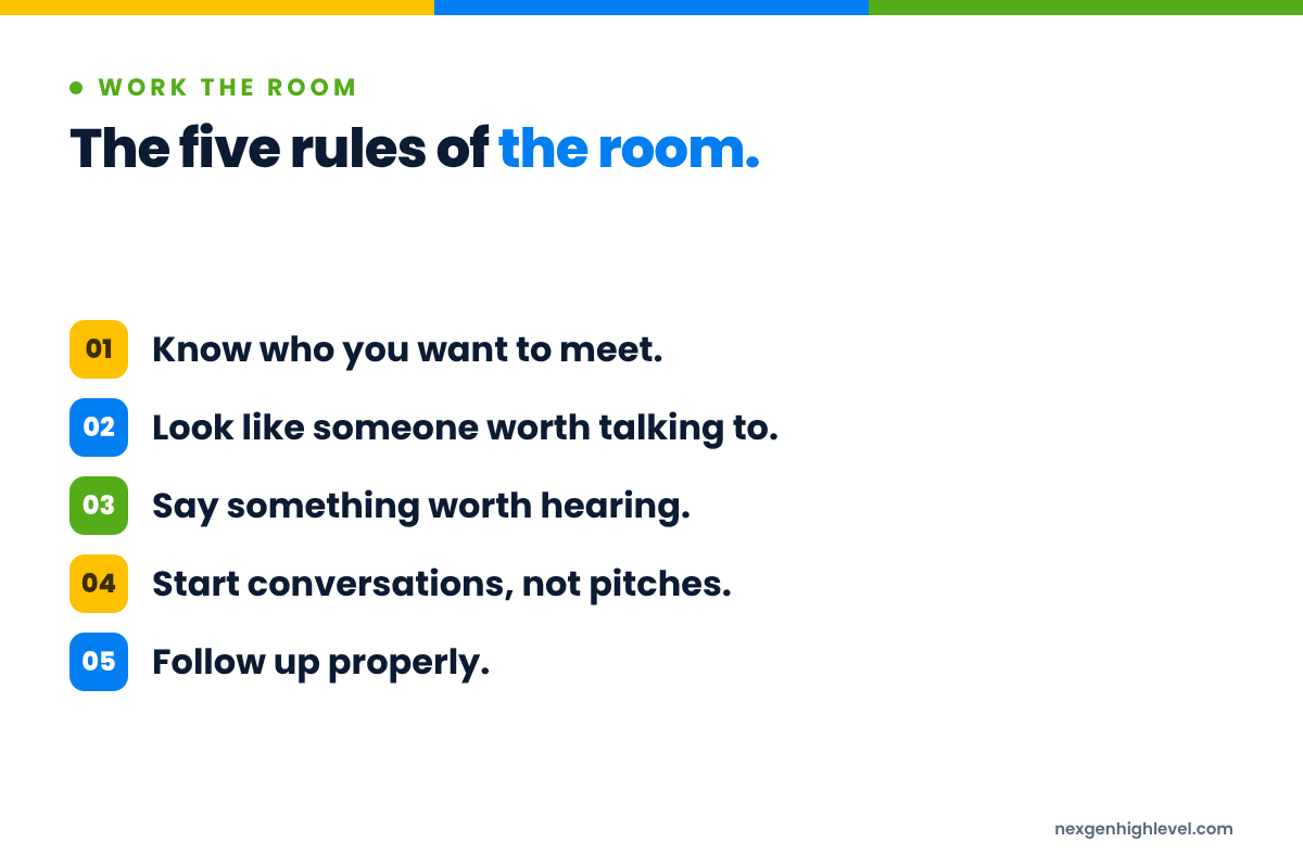 Diagram: The five rules of the room. 1. Know who you want to meet; 2. Look like someone worth talking to; 3. Say something worth hearing; 4. Start conversations, not pitches; 5. Follow up properly.