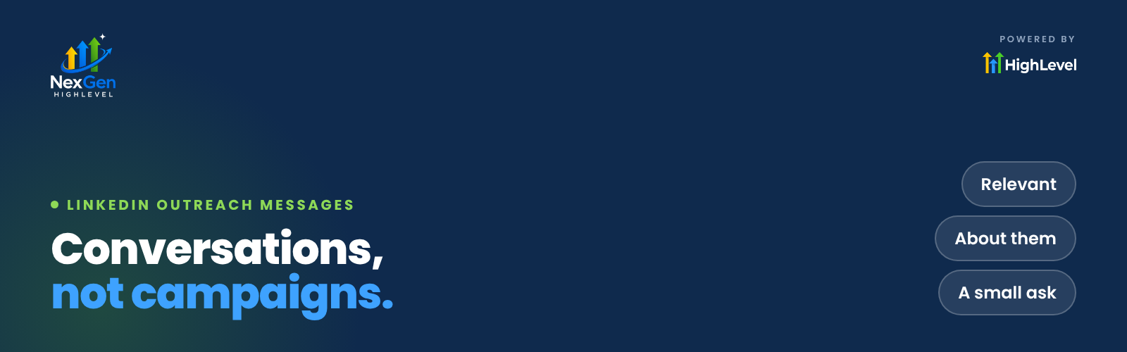 NexGenHighLevel banner reading "Conversations, not campaigns." with the key ideas Relevant, About them, A small ask.