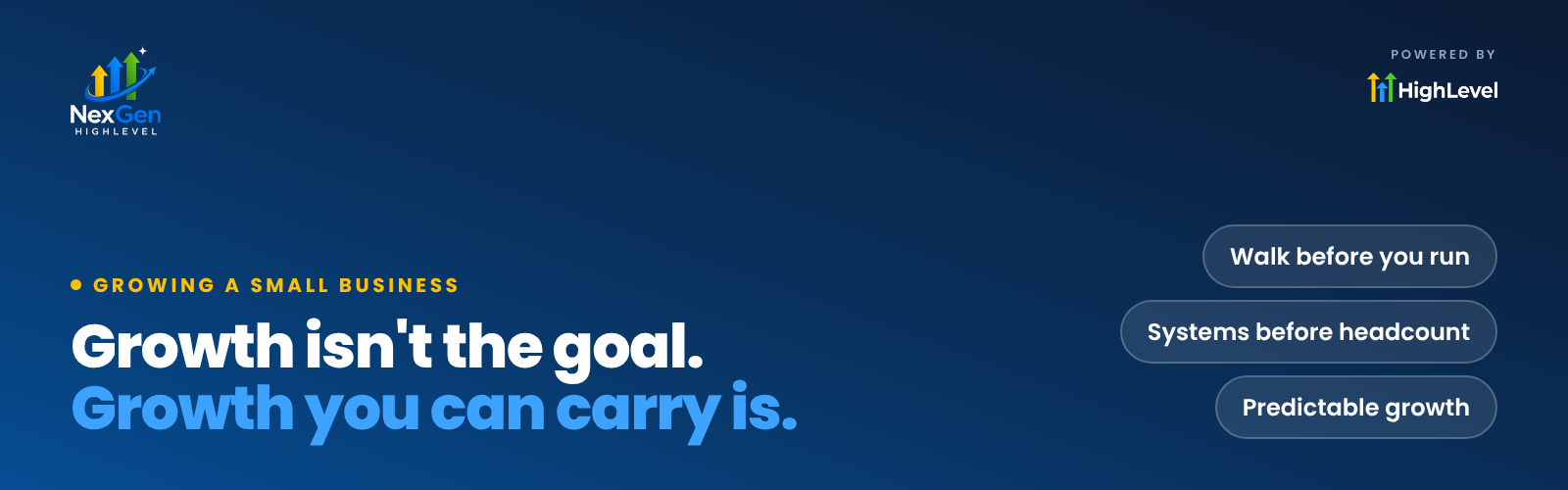 NexGenHighLevel banner reading "Growth isn't the goal. Growth you can carry is." with the key ideas Walk before you run, Systems before headcount, Predictable growth.