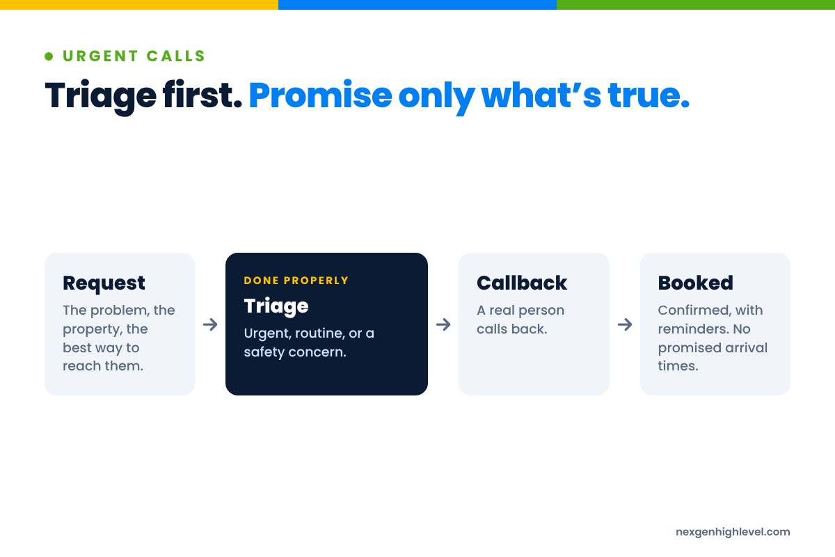 Diagram: Triage first. Promise only what’s true. Request → Triage → Callback → Booked.