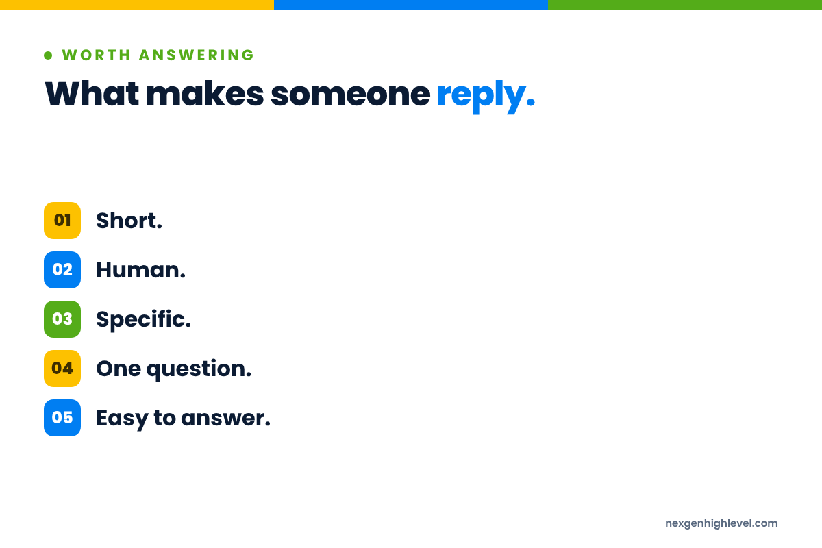 Diagram: What makes someone reply. 1. Short; 2. Human; 3. Specific; 4. One question; 5. Easy to answer.