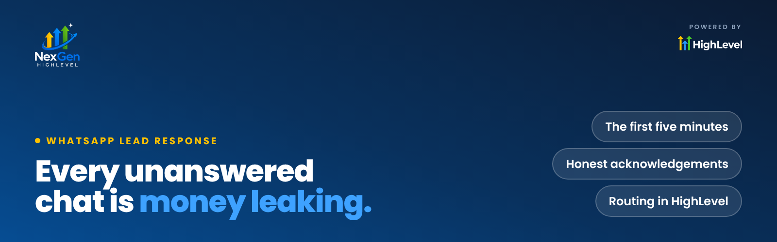 NexGenHighLevel banner reading "Every unanswered chat is money leaking." with the key ideas The first five minutes, Honest acknowledgements, Routing in HighLevel.