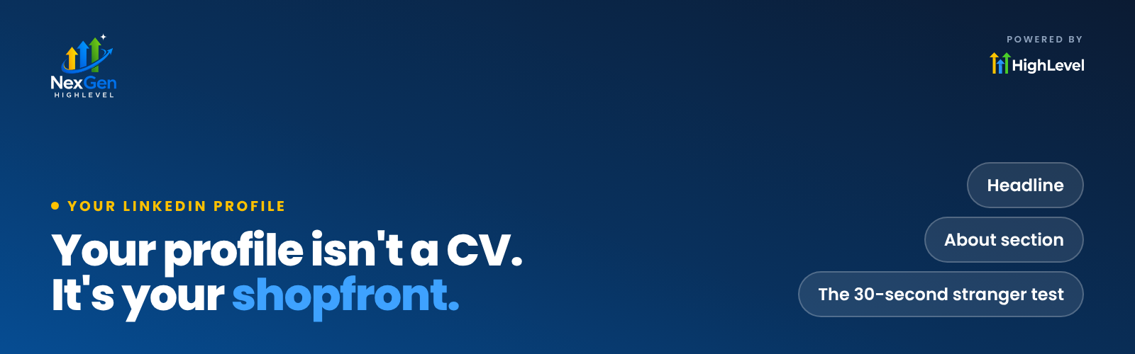 NexGenHighLevel banner reading "Your profile isn't a CV. It's your shopfront." with the key ideas Headline, About section, The 30-second stranger test.