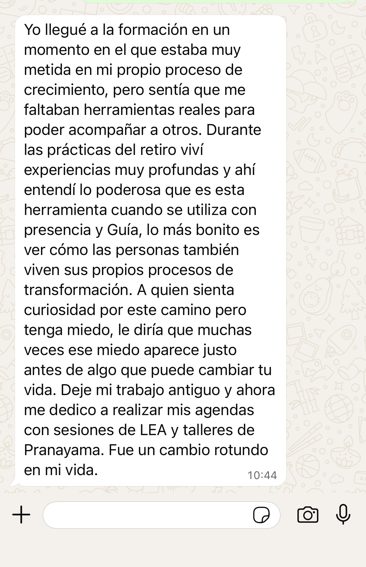 Captura de WhatsApp de testimonio