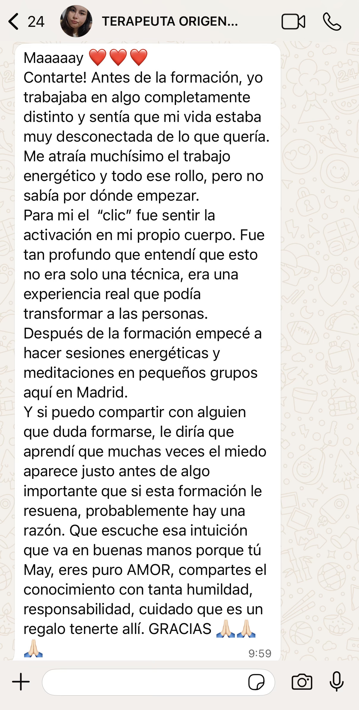 Captura de WhatsApp de testimonio