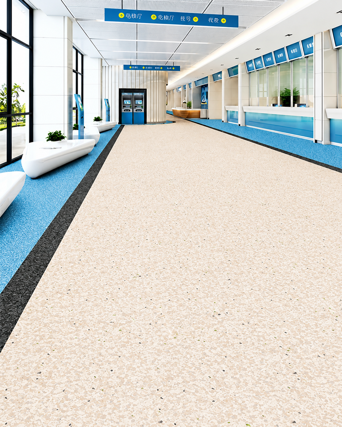 Hospital corridor with cream and blue vinyl flooring