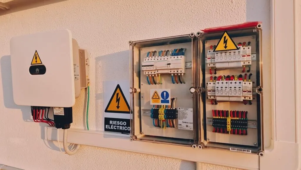 Inversor y cuadros de protección de una instalación solar en la fachada de una casa