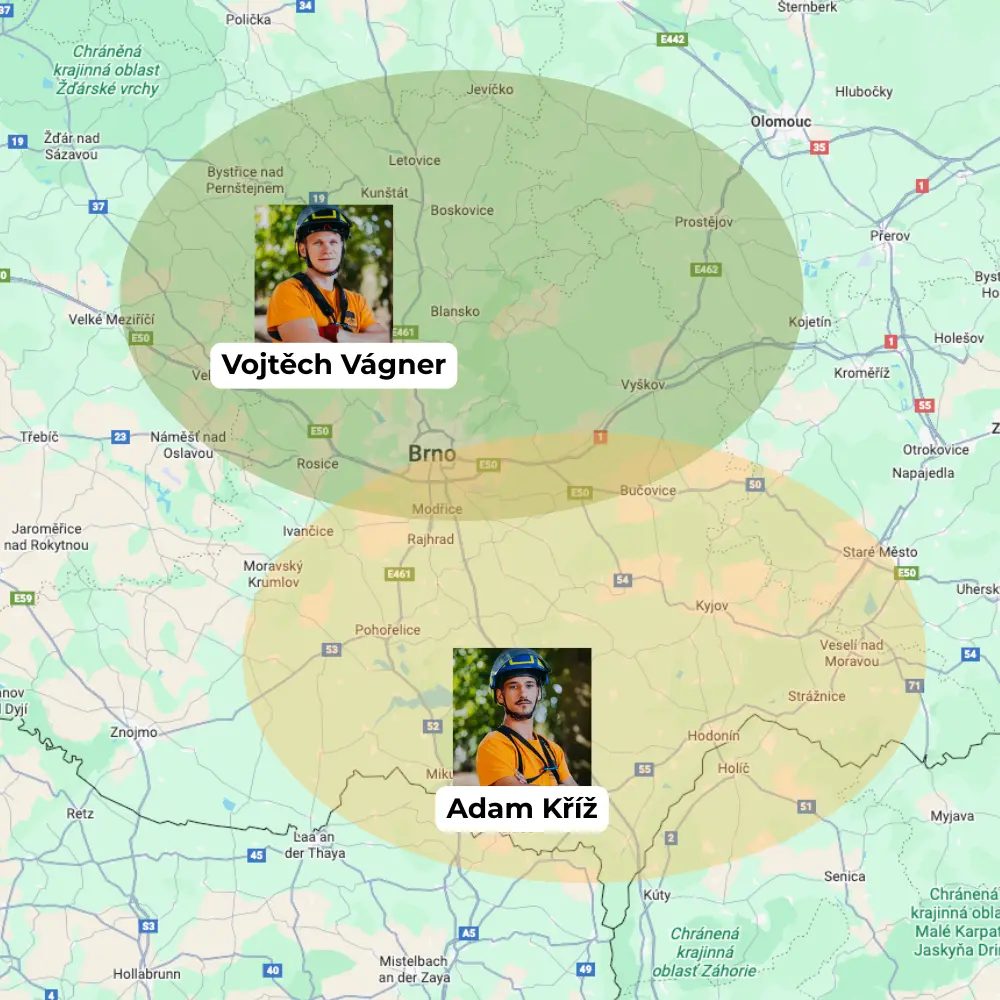 Mapa oblastí: sever a Brno obsluhuje Vojtěch Vágner, jih Adam Kříž