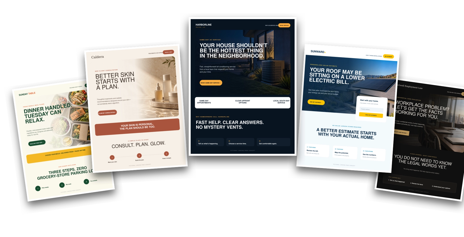 A collection of fictional landing-page concepts designed by Formosi