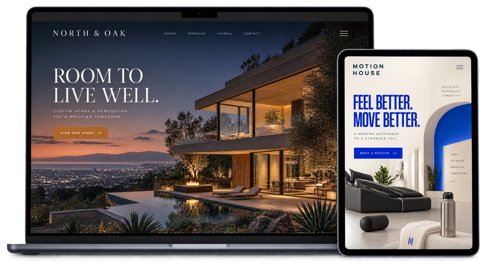 Two fictional Formosi landing-page concepts for a luxury home builder and a wellness studio