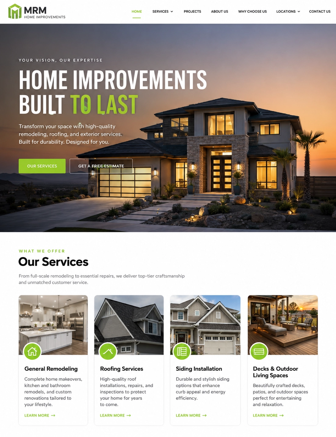 MRM Home Improvements project visual showing its website design and estimate button