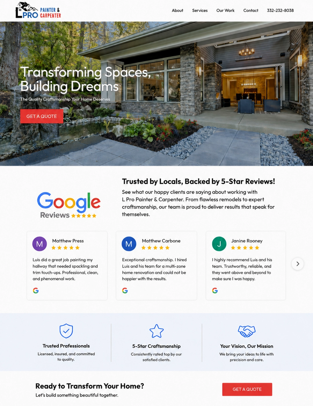 Formosi website work for L Pro Painter and Carpenter, showing its project photography and request-a-quote button