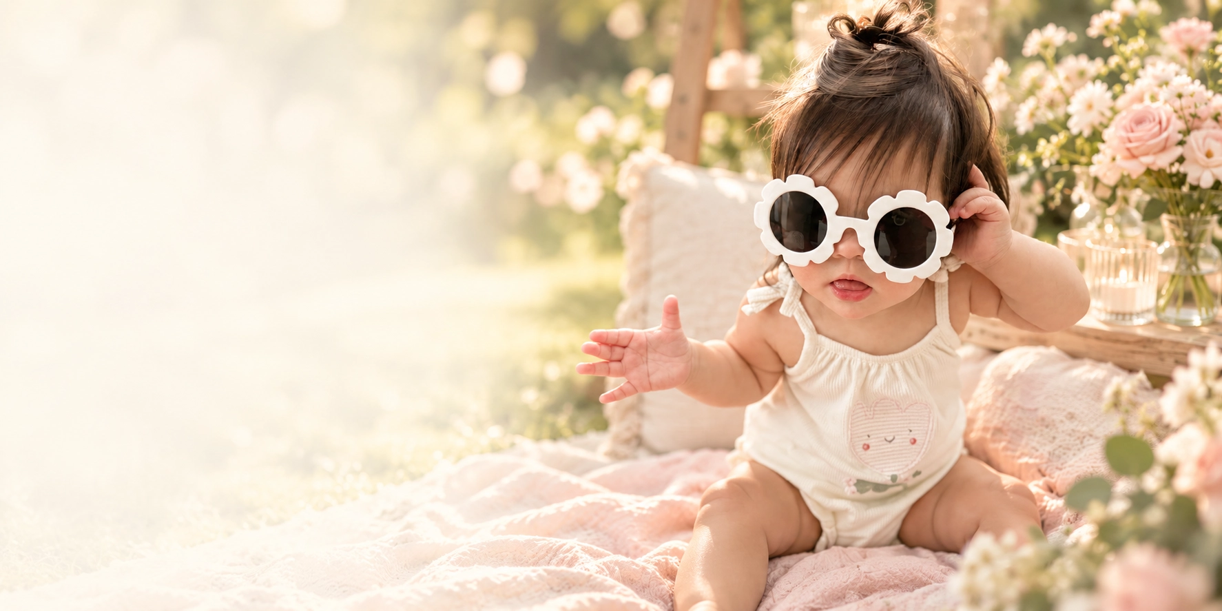 Giorgi wearing white flower-shaped sunglasses in a soft garden-party setting