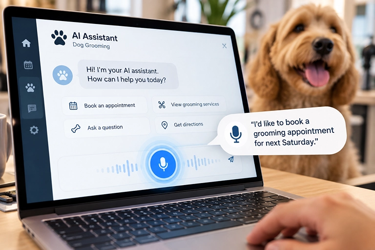 Close-up of a laptop screen showing an AI assistant chat with a microphone button highlighted and a short spoken request in a speech bubble
