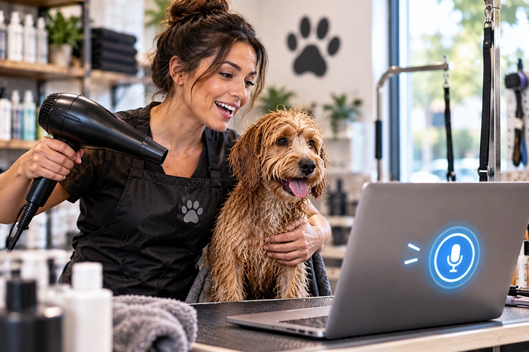 A busy dog groomer holding a dryer and a wet dog, speaking toward a laptop on the counter with a small microphone icon glowing on screen