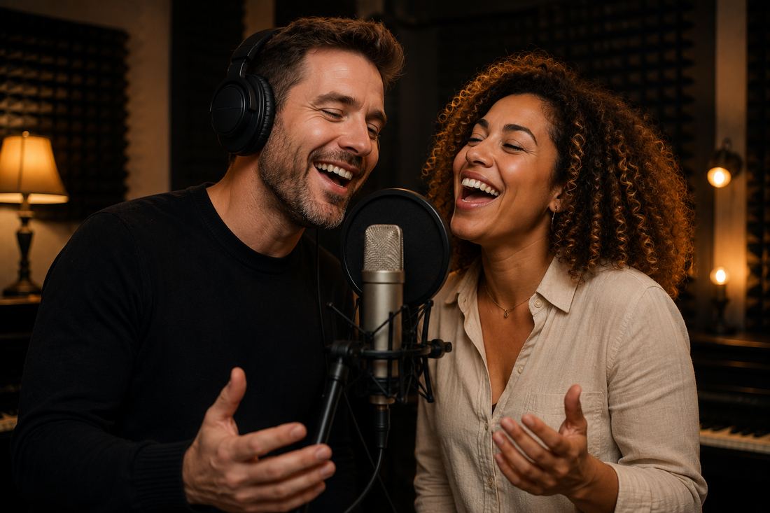 A couple singing together in a lesson