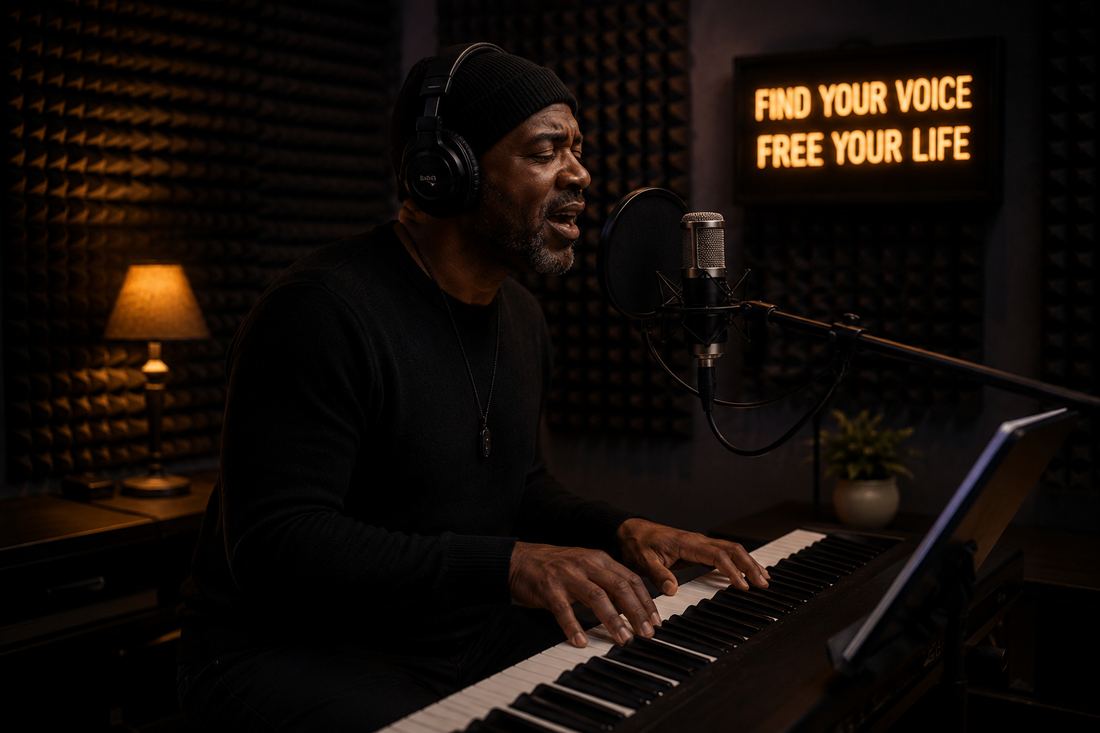 Santella singing and playing piano in the studio