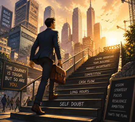 man walking up success ladder